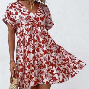 Boho Floral Mini Dress – Red & White Flowy Summer Style Size M (6)